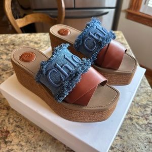Chloe Woody Platform Sandal Denim Leather 40.5